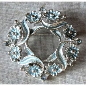 Round Floral Brooch, Light Blue, Silver Tone, 2" Round, Crystals, Safety Clasp